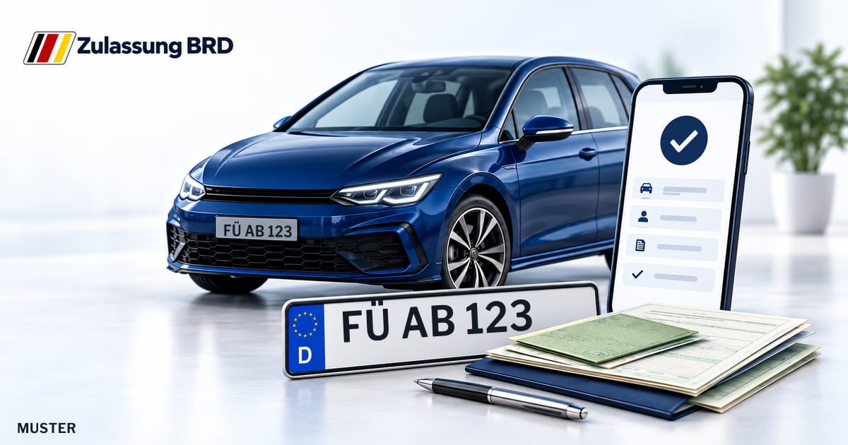 Online Fahrzeugzulassung in Landkreis Fürth: Musterkennzeichen FÜ AB 123, Auto und Fahrzeugpapiere und Smartphone. Illustration mit Logo von Zulassung BRD.